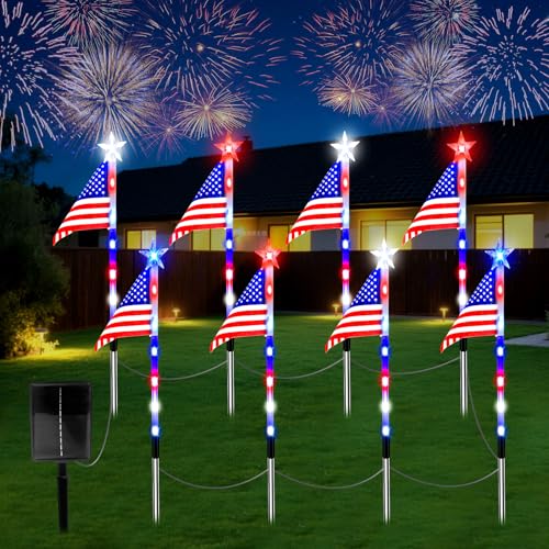 4th of July Decorations Outdoor American Flag Lights 8-Pack Red White and Blue Star Solar Lights with 8 Modes & 56 LEDs Waterproof Patriotic Pathway Lights for Independence Memorial Day Yard Path