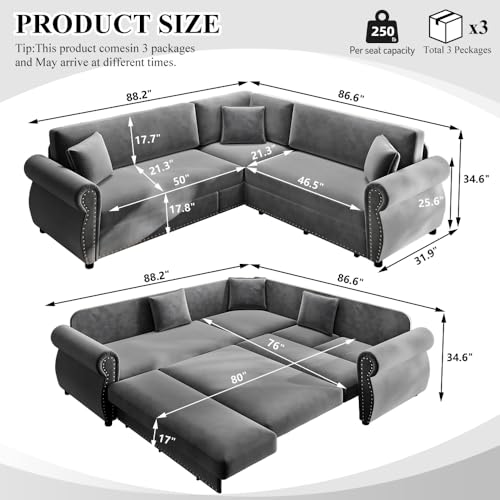 Image of KCGKCG 88.2 inch Chenille Sleeper Sofa Bed, Sectional Couches for Living Room /Apartment, L Shaped Couch with Pull Out Couch Bed, Convertible Sectional Sofa with Rolled Arm & Nailhead Trim, Light Grey