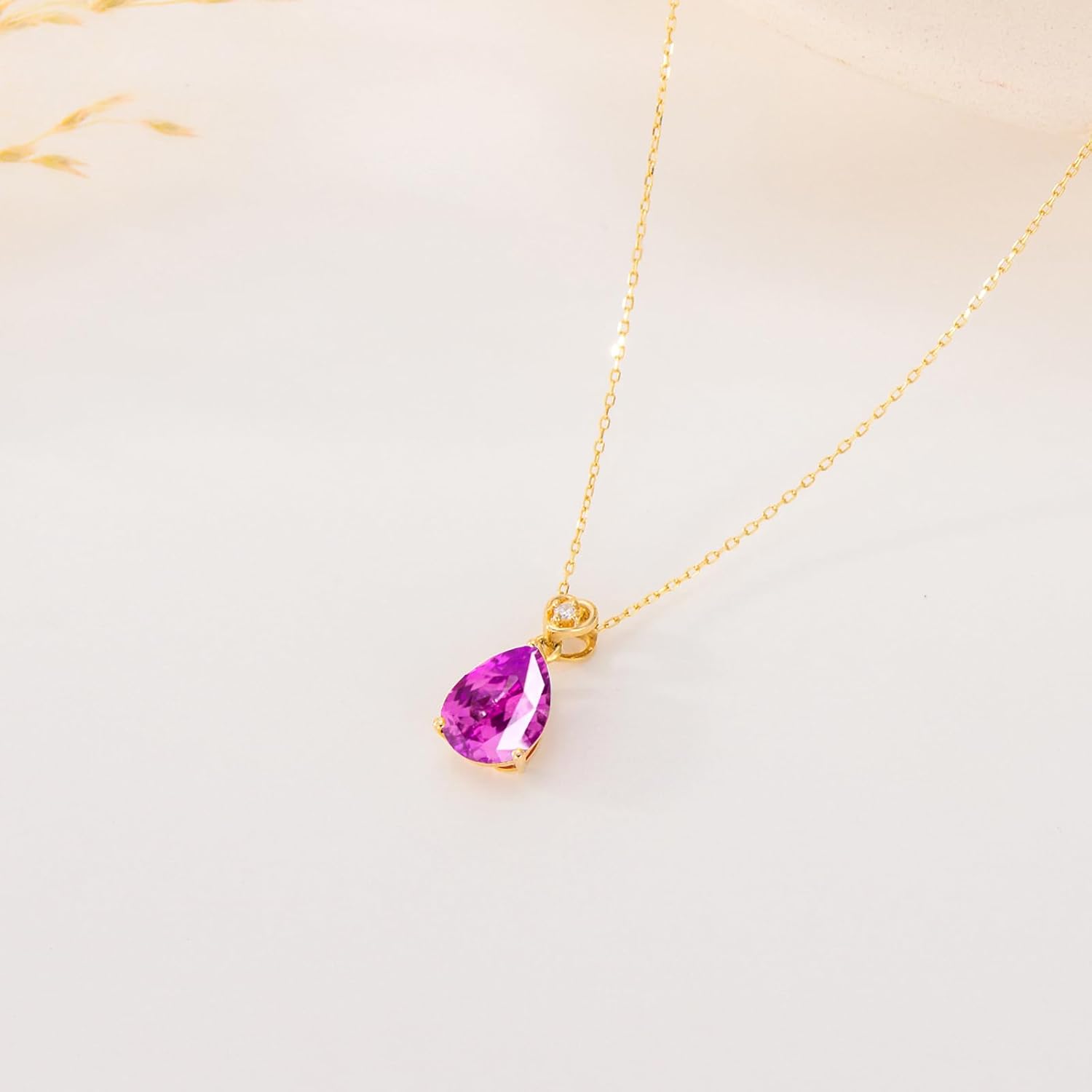 14k Gold Pear Gemstone Birthstone Necklace with Real Diamond(I2-I3 Clarity),2 Carat Teardrop Created Birthstone Anniversary Birthday Mother's Day Necklaces for Women Mom Her - Image 7