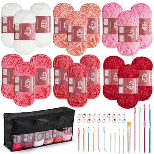 Image of Lunarm Chenille Yarn for Crocheting Knitting, 18 Pack of 100g /3.5oz Velvet Yarn Thick Soft Chunky Fluffy Weaving Plush for Blankets Clothes Pattern Creations 263 Yard with Big Eye Needles(Pink Series)