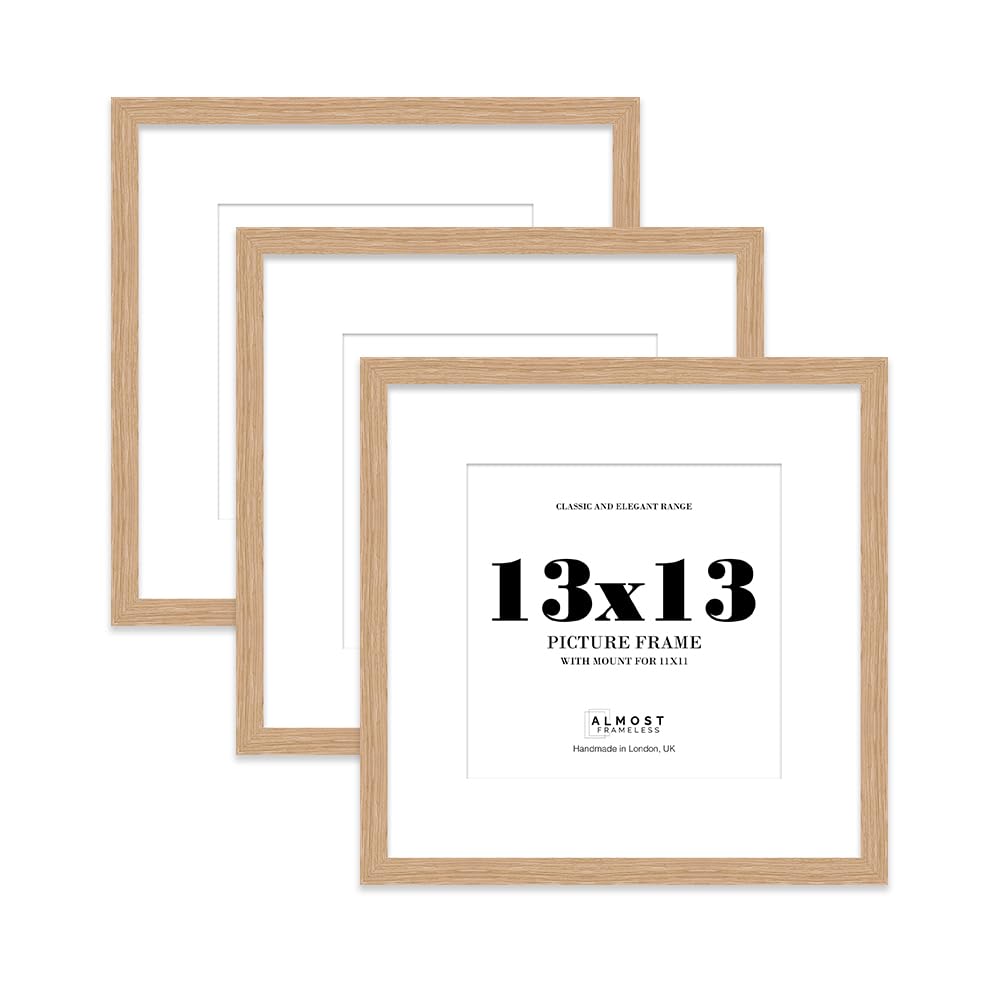 13x13 Oak Picture Frame with Mount for 11x11 Photos, Prints - Modern Square Wall Frame, Set of 3