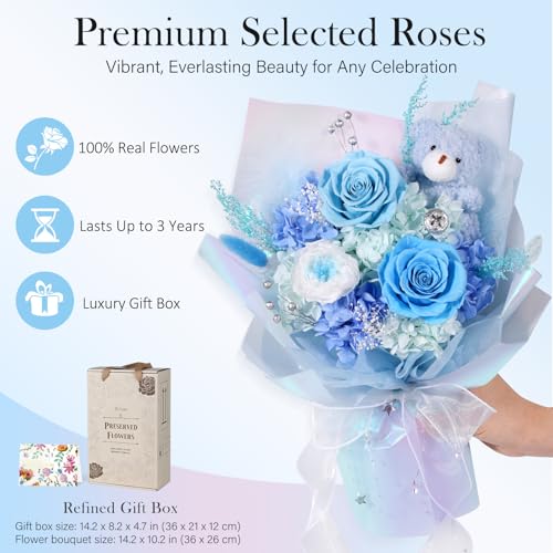 Image of Preserved Flowers Bouquet with Bear, Real Forever Flowers for Delivery, Long-Lasting Blue Eteranl Roses Bouquet, Anniversary Birthday Gifts for Women Mom Her Girlfriend Wife
