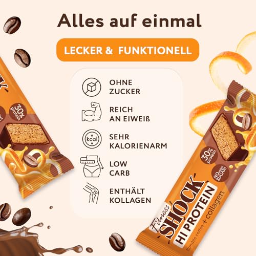 FitnesSHOCK Proteinriegel Set mit hohem 30% 12g Proteingehalt Eiweißriegel ohne Zuckerzusatz mit 5g Kollagen low carb ballaststoffreich kalorienarm Bumble Coffee Geschmack 12Stk 40g 4