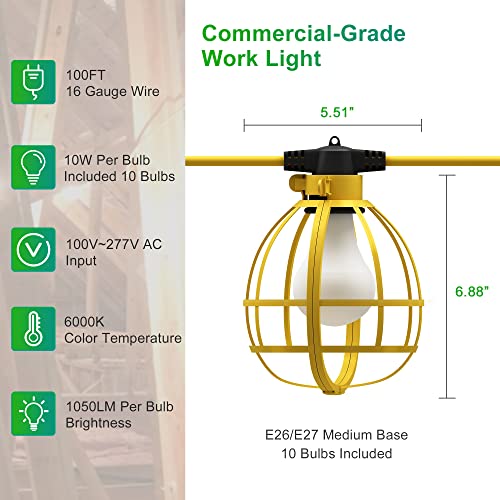 LEDIARY 100FT Construction String Lights, 10 Bulbs 100W 10500LM String Work Lights with 10 Medium Base Sockets, Linkable Jobsite Lights, Weatherproof Temporary Lighting Indoor&Outdoor by LEDIARY - Image 2