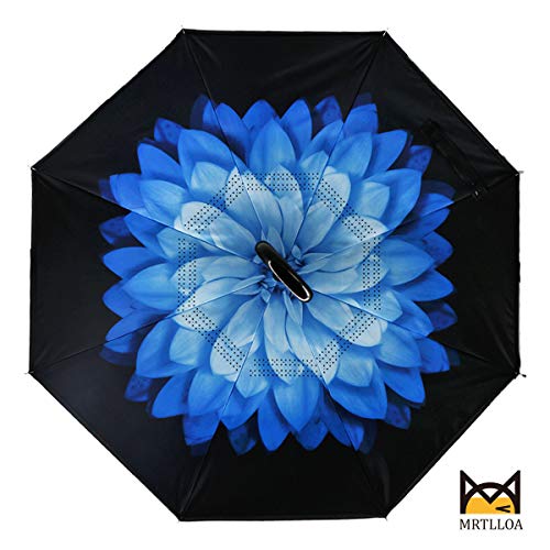 MRTLLOA 49/56 Inch Windproof Inverted Reverse Umbrella with UV Protection, Large, C-Shaped Handle, Double Layer, Stick Rain Umbrella for Men and Women(Blue Daisy)
