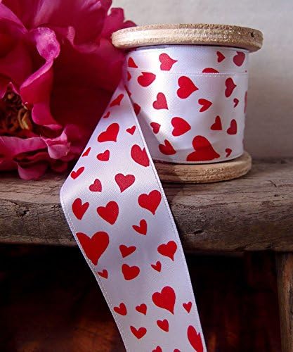 1.5" Flock Heart Satin Ribbon Love Valentine 25 Yard Roll (White Satin Black Red)