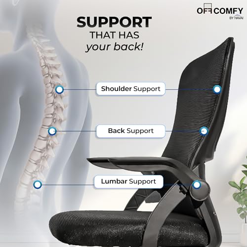 Image of HAVAI Aero Ergonomic Office Chair with Reclining & Folding Back | Net Cloth Fabric | 60D Recycled Foam + 24D Virgin Cotton | Class 2 Gas Lift | Nylon Base & Wheels (Black)