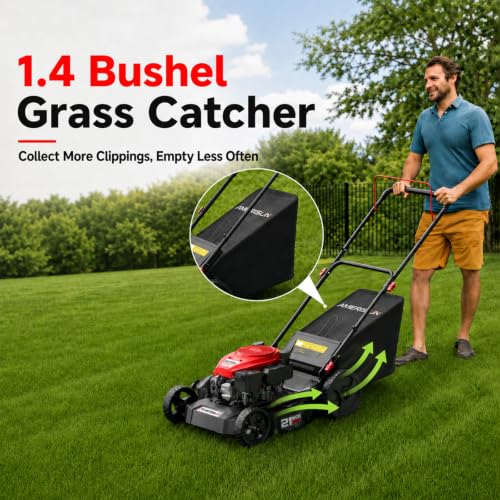 Image of AMERISUN 21-Inch Gas Push Lawn Mower, 144cc 4-Stroke Engine, 6-Position Adjustable Cutting Height, 3-in-1 Mulching, Side Discharge & Rear Bag for Garden Landscaping