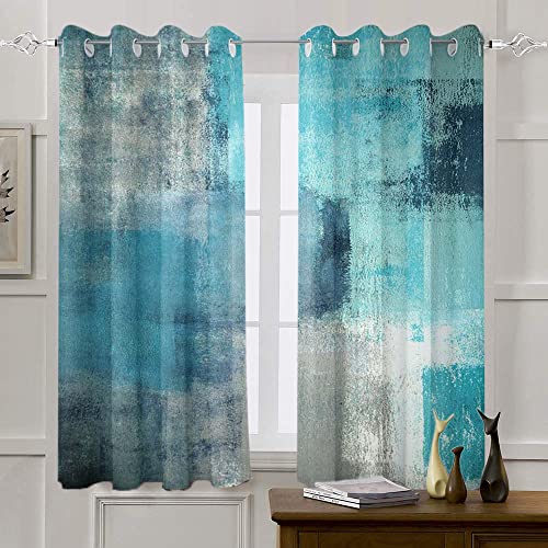 Tomwish Turquoise Window Curtain Panels Grommet Blackout Curtains Turquoise Grey Abstract Art Painting Modern Patio Blackout Curtains For Living Room Bedroom Window Treatment Set 52 X 84 Inch 2 Panel #TOP5