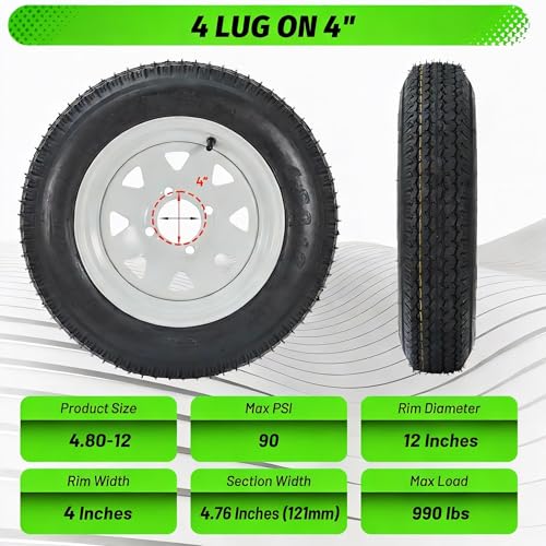 Image of 2 Pack 4.80-12 4.80x12 480-12 4.80-12 Trailer Tires with 12'' Rims, 4 Lug on 4'', Load Range C 6PR