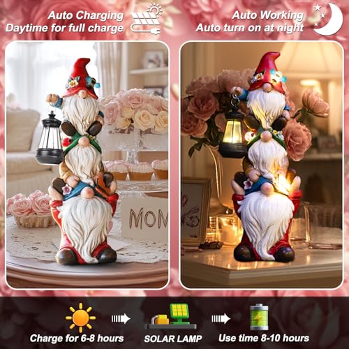 twinbling Garden Gnome Statue with Solar Lights Garden Sculptures Funny Triple Gnome Outdoor Patio Lawn Yard Balcony Home Decor Birthday Gift for Mom Woman Grandma 12 in Summer Gnomes - Thumbnail 3