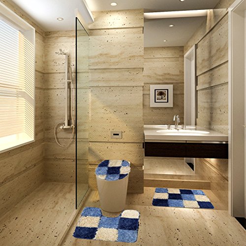 Amagical 3 Piece Bathroom Carpet Pedestal Lid Mat Toilet Cover Set Microfiber (Blue) #TOP3