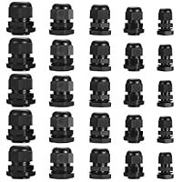 25 Stück Kabelverschraubung Set, Verstellbare Kabeldurchführung Wasserdicht, Nylon Kabelverschraubungen mit Sicherungsmuttern, schwarze Kabelanschlüsse - PG7/PG9/PG11/PG13.5/PG16