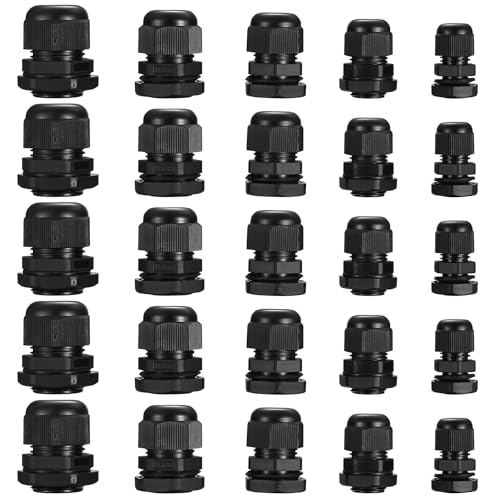 25 Stück Kabelverschraubung Set Verstellbare Kabeldurchführung Wasserdicht Nylon Kabelverschraubungen mit Sicherungsmuttern schwarze Kabelanschlüsse - PG7/PG9/PG11/PG13.5/PG16