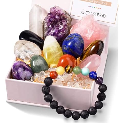 AOOVOO Large Crystals and Healing Stones, 13 pcs Premium Healing Crystals kit, 7 Colorful Gemstones, 7 Chakra Therapy Starter Collection Including Rose Quartz, Citrine, Amethyst - Gift Box, Guide Cover