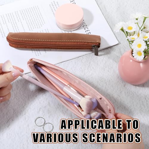 Image of Psyqtsuary Leather Pencil Pouch, 2 Pcs Soft Flat Slim Pencil Case Portable Small Pencil Pouch with Zipper Simple Makeup Bag Lipstick Case for Women Men Home, Office, Travel Outdoor (Pink, Brwon)
