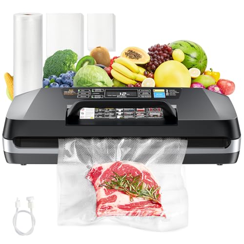 95kpa Vacuum Sealer Machine,Commercial Full Automatic Food Sealer,Powerful Sealing System with Double Heat Seal,Built-in Cutter&Bags Storage,1 Bag Rolls and 10 pcs Pre-cut Bags