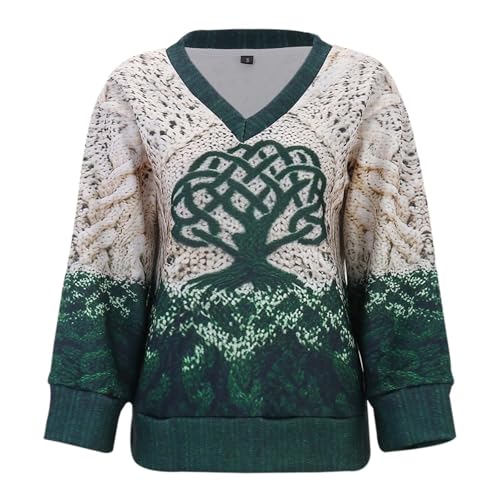 Maglione da donna con albero della vita celtico, scollo a V, effetto maglia 3D con motivo Yggdrasil | Top vichingo casual e mistico, Stile N01 Verde, L