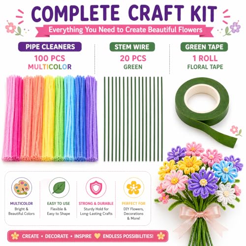 Image of Pipe Cleaners for Craft Flower Making,Fuzzy Chenille Stems and Fluffy Sticks with Floral Tape and Wire, for Kids Arts and Crafts|Random colors (pipe cleaners-100 /stem wire-20 /green tape-1)