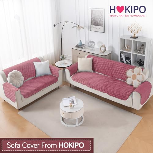 Image of HOKIPO Quilted Sofa Cover 5 Seater - (3+2) for Seat & Back | 'Quilt Classic' Pink (IN-927 * 2+926 * 2-Onion)