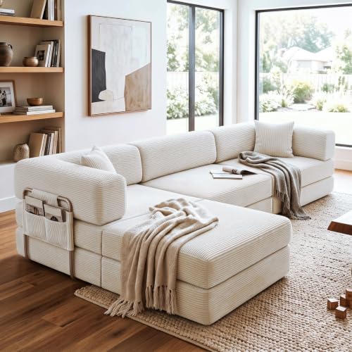 Folding Sofa Bed Convertable Corduroy Couch King Size Floor sleeper 4-in-1 DIY Combination Modular Sofa Fold Out Futon lounge Comfy Foldable Lazy cama For Living Room (white, 4-seater with a chaise)