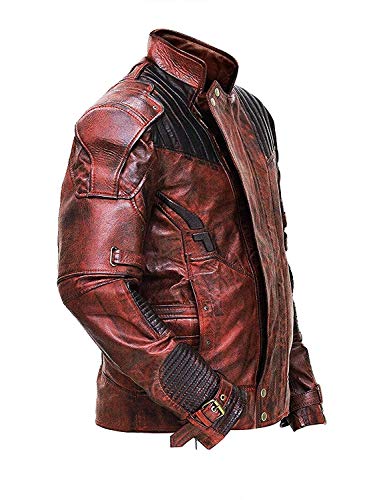 SpazeUp Distressed Red Maroon Leather Jacket Men - Star Superhero Cosplay Costume Jacket Pants3