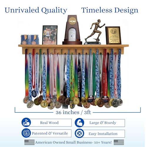 Image of MedalAwardsRack 3ft- Ultimate Medal Hanger Display and Trophy Shelf - Multi-Sport Trophy and Medal Holder for Medal Display, Plaques, Pictures, Trophies and more. Solid Wood - Large 36 inch - Walnut