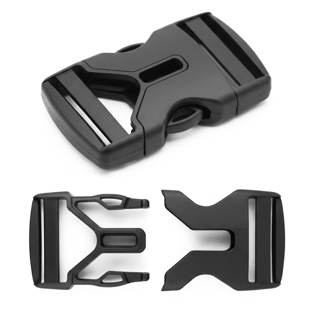 Reactive Brands Heavy Duty 38mm Side Release Buckle Y-Style – 65kg. Plastic Tri-Glide Clip for Webbing Straps, Rucksack & Luggage Repair – Adjustable 3-Way Connector – Black (38mm - 4 Pack)