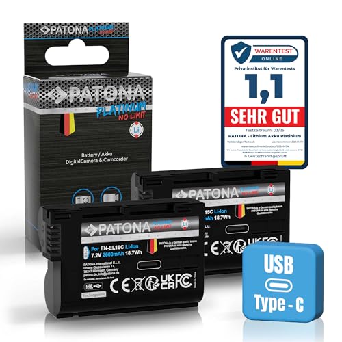 PATONA 2 baterías Platinum EN EL15C de 2600 mAh USB C compatibles con Nikon 1 V1 D7000 D7100 D7200 D7500 D500 D600 D610 D750 D780 D800 D810 D850 Z5 Z5II Z66 II III Z7. Z7II Z8 ZF EN EL15 EN EL15b