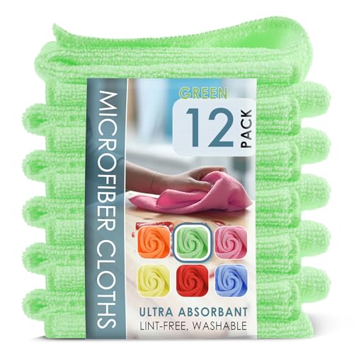 Hearth & Harbor 12 Pack Microfiber Washcloths, Green, 12'x12', Lint Free, Scratch Free, Reusable