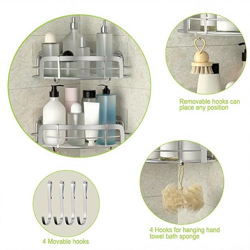 STEUGO 2 Pack Shower Caddy Corner, Bathroom Corner Shelfs, Adhesive Wall Mounted Shower Caddy with 4 Movable Hooks, No Drilling Shower Shelf, Stainless Steel Silver - Cosy Home Interiors STEUGO 2 Pack Shower Caddy Corner, Bathroom Corner Shelfs, Adhesive Wall Mounted Shower Caddy with 4 Movable Hooks, No Drilling Shower Shelf, Stainless Steel Silver - Image 6