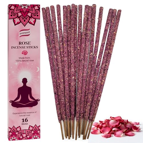 Rose Incense Sticks Natural - 16 Sticks Handcrafted Rose Sticks for Relaxation Meditation Yoga Spiritual Purification & Home Ambiance | inciensos aromaticos para la casa