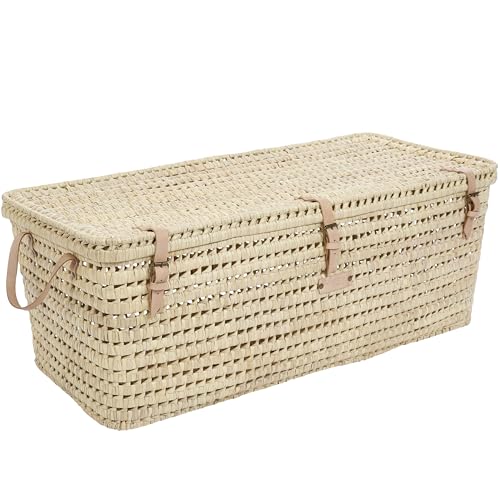 Bohome Living - Coffre de Rangement en Feuilles de Palmier et cuir, 100% Naturel, Fabriqué à la Main (100cm)