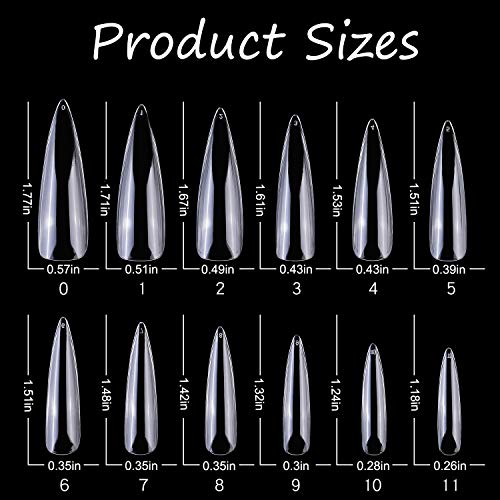 XXL Long Stiletto Nails Clear Fake Nails, Misssix 240 PCS Full Cover Stiletto Shaped False Nail Nail Tips with Box, Full Cover Nails Fake Press on Salon, 12 size (Clear) - Thumbnail 2