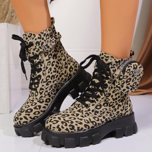 Combat Boots for Women,Winter Platform Leopard Mid Heel Boots Chunky Low Heels Lace Up Buckle Ankle Booties with Bags2