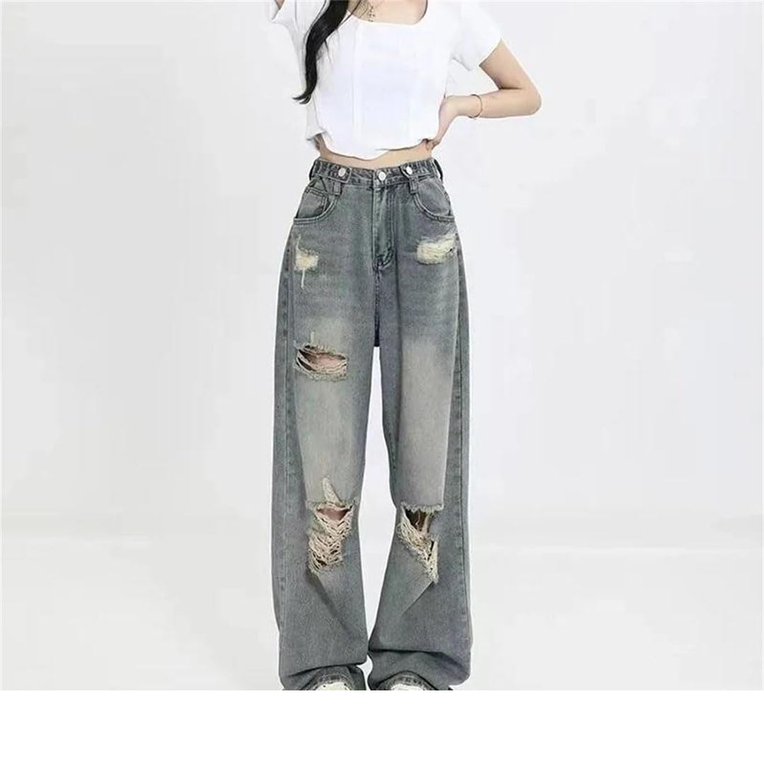 Pantalones de mezclilla para mujer, estilo vintage, holgados, retro, rasgados, pierna ancha, pierna recta, estilo callejero