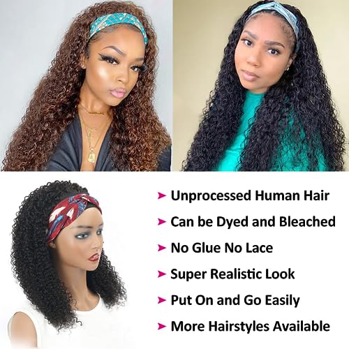 Headband Wig Brazilian Wigs For Women Human Hair Kinky Curly Headband Wigs for Black Women Glueless None Lace Front Wig 150% Density Real Hair Wigs Human Hair 20 Inch - Image 4