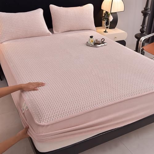 Daesar Juego de Bajera Elastica y 2 Fundas Almohada,Color Sólido Terciopelo Bajera Ajustable Rosa Claro,120 x 200 CM