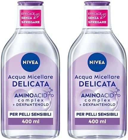 NIVEA MicellAIR 5in1 Acqua Micellare Delicata 400 ml, Struccante viso e occhi dall'azione lenitiva, Detergente viso pelle sensibile per una detersione profonda e delicata (Confezione da 2)