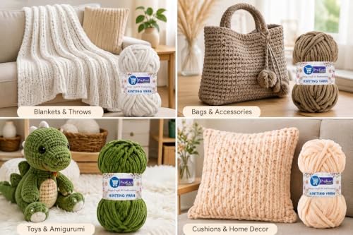 Image of ProKart - Blankie Plush & Cuddly Chenille Yarn for Knitting & Crochet | Super Soft Velvet Pastel Yarn for Blankets, Baby Toys & DIY Crafts | 100g, Pack of 4 (Beige, Brown, Dark Green, Off White)