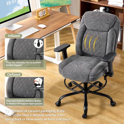 Image of Drafting Chair,Executive Tall Office Chair Flip-up Armrests for Counter Height Desk Drawing Use,High Task Chair with Adjustable Foot Ring &Inflatable Lumbar Support,Swivel Computer Stool, Fabric Grey