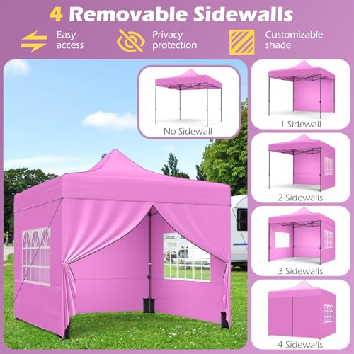Image of Tangkula 10x10 FT Pop Up Canopy, Outdoor Tent with 4 Removable Sidewalls, Carbon Steel Frame, 4 Sandbags, 8 Stake & 4 Ropes, Wheeled Bag, Portable Canopy Tent for Party Event Camping (Pink)