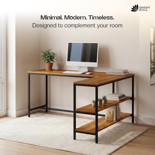 Image of Green Soul Thrive L-Shaped Study Table with Book Shelf for Home and Office | Ideal for Students and Adults | 3-Years Assurance | Coach Wood Yellow | Installation Provided