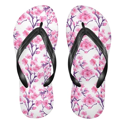 Sinestour Pink Purple Cherry Blossoms Flip Flops for Beach Thong Sandals Anti-slip Lightweight Flat Slippers for Summer Swim Travel