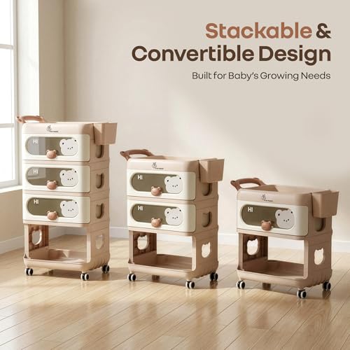 Image of R for Rabbit Kiddo Korner Bear Baby Organiser with Drawers & Wheels | Kids Toy & Clothes Storage with Open Shelf & Side Basket | Easy Plug N Play Installation with Lockable 360 Wheels (Brown Cream)