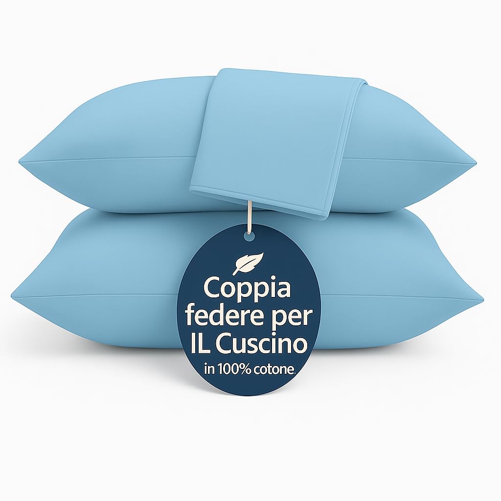 Set 2 Federe Cuscino 50x80 cm – 100% Cotone Morbido e Traspirante – Antipiega, Antiacaro, Lavabili – Naturale per Letto Singolo o Matrimoniale" (AZZURRO)