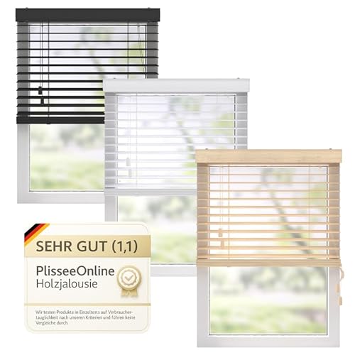 PlisseeOnline Holzjalousie 50 mm Eiche-Optik I Innenjalousie Holz 70x175 cm I Montage ohne Bohren oder Wand-/Deckenmontage I Sicht- & Sonnenschutz Fenster