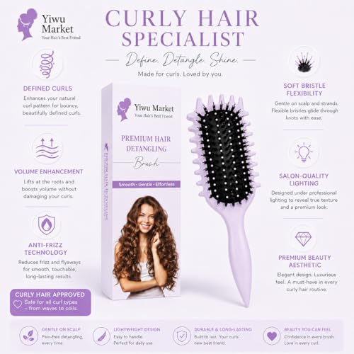 Image of Curly Curved Vented Hair Brush for Women & Men | Hollow Airflow Comb | Flexible Detangling Bristles with Comfortable Grip Handle | Blow-Dry Support & Scalp Massage Brush - Lavender