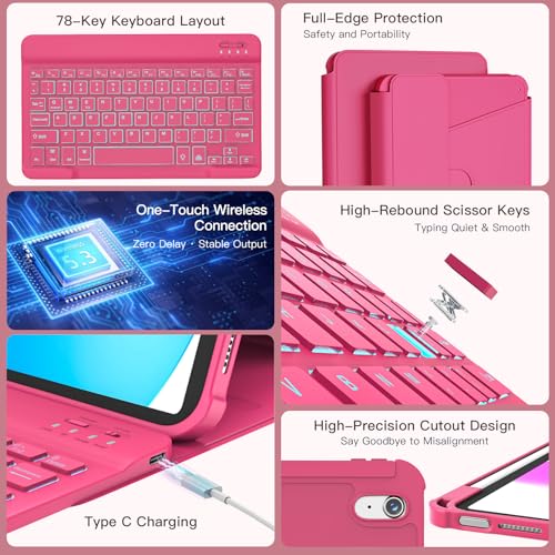 Image of RAYMCRAFT for iPad 11th(A16, 2025) /10th Generation Case with Keyboard, 360 Rotatable Case & Detachable Backlit Keyboard, Precision Cutouts and Pen Holder for iPad A16 11'' /10th 10.9'', Hot Pink
