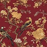 Stickyart Chinoiserie Bird Floral Peel and Stick Wallpaper Luxury Burgundy Gold Floral Bird Wallpaper Self Adhesive Retro Chinoiserie Birds Peony Contact Paper for Bedroom Dining Room 17.5'x276'